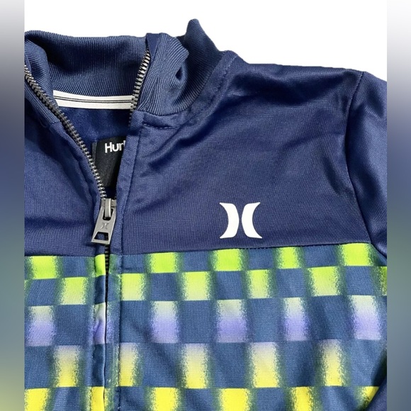 Hurley Kids Full Zip Track Jacket Size 7 Blue Green Checkered Logo Boys Athletic - Picture 2 of 5